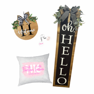 Round door hanger, tall porch leaner, keychains, square pillow